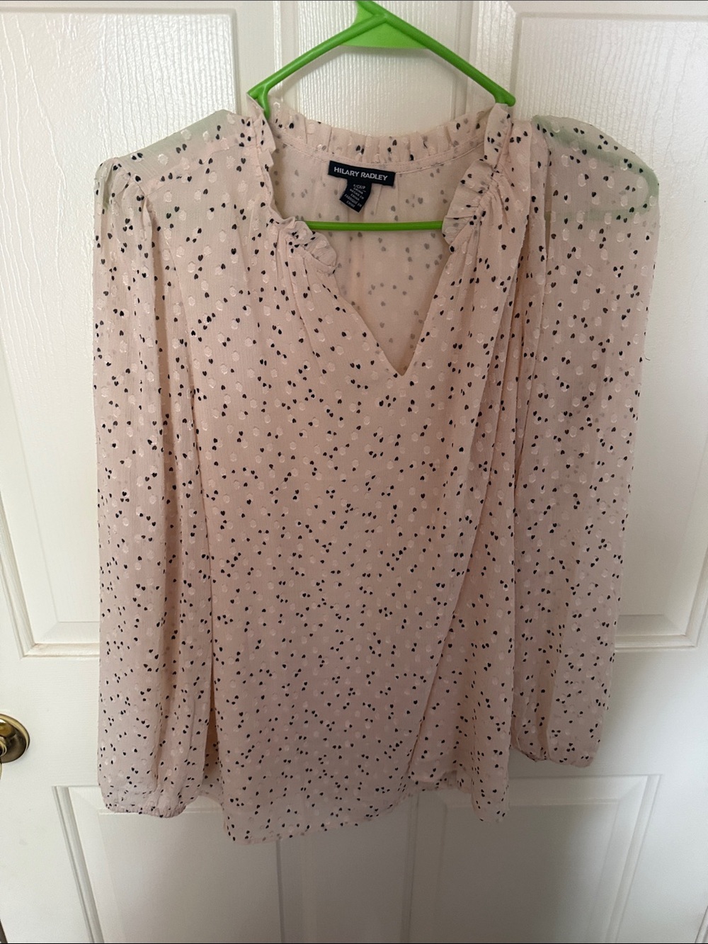 Hilary Radley Cream Blouse with Black Dot Print V-Neck